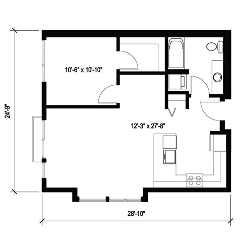 Floor plan for 1 bed, 1 bath, 705 sqft